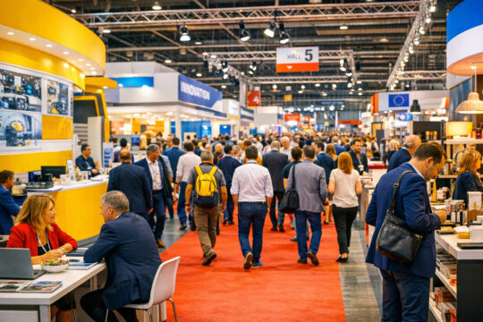 Stand espositivi in una fiera internazionale per la promozione del Made in Italy. Sostegno al settore fieristico nazionale