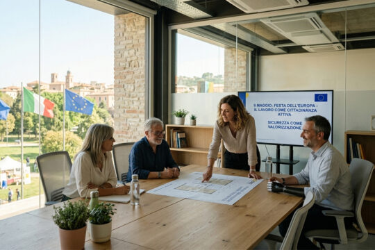 Team di professionisti in ufficio moderno nelle Marche che pianifica un progetto europeo inclusivo, con bandiere UE e italiana sullo sfondo.
