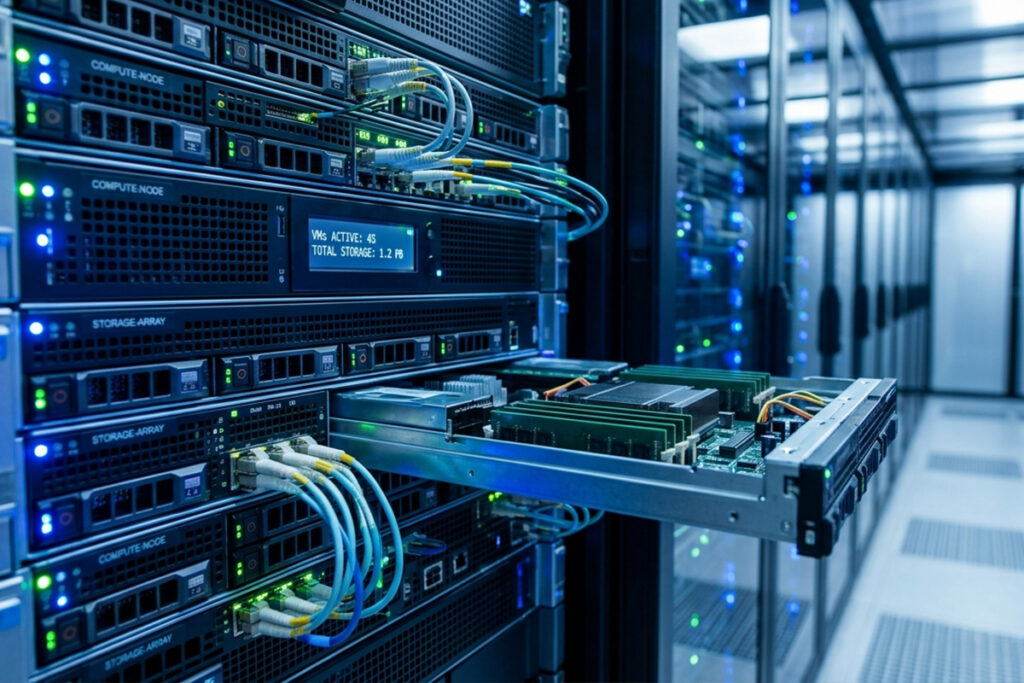 cloud computing Un'immagine che mostra server rack illuminati in un data center, simboleggiando la potenza di calcolo e l'archiviazione dati fornite dai servizi Cloud IaaS. Contributi per cloud computing e sicurezza digitale