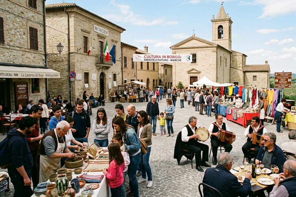 Eredità che genera futuro Veduta prospettica di un borgo marchigiano, simbolo di rigenerazione urbana e sviluppo territoriale.