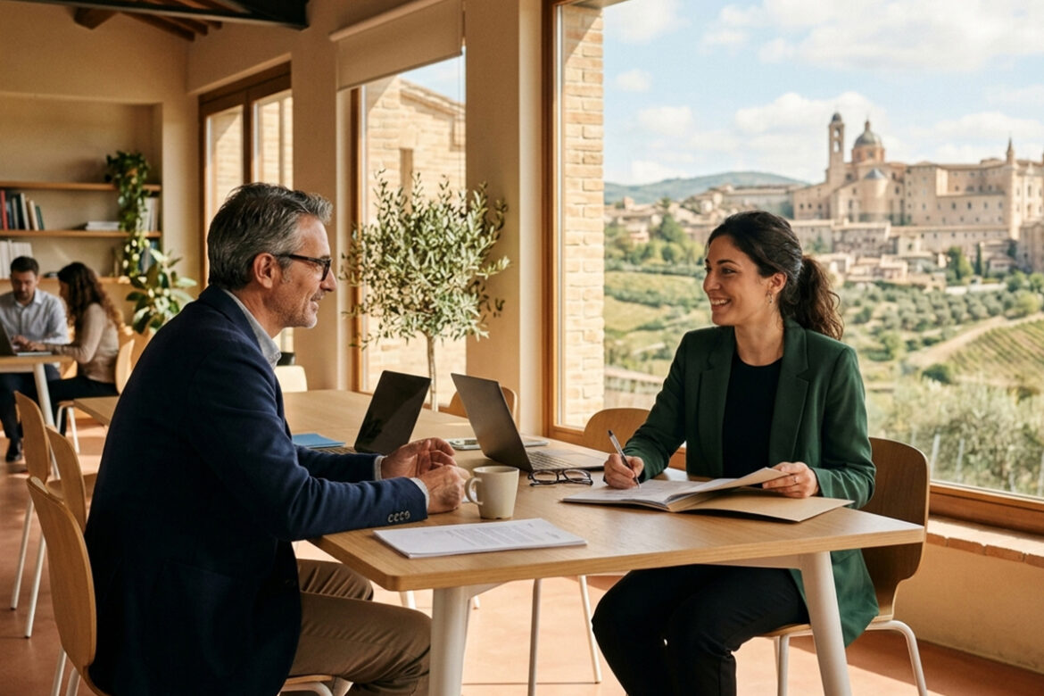 Un moderno ufficio open space nella tradizione marchigiana. In primo piano, un uomo di mezza età e una giovane donna sono seduti a un tavolo di legno durante un colloquio di lavoro professionale o una riunione strategica.