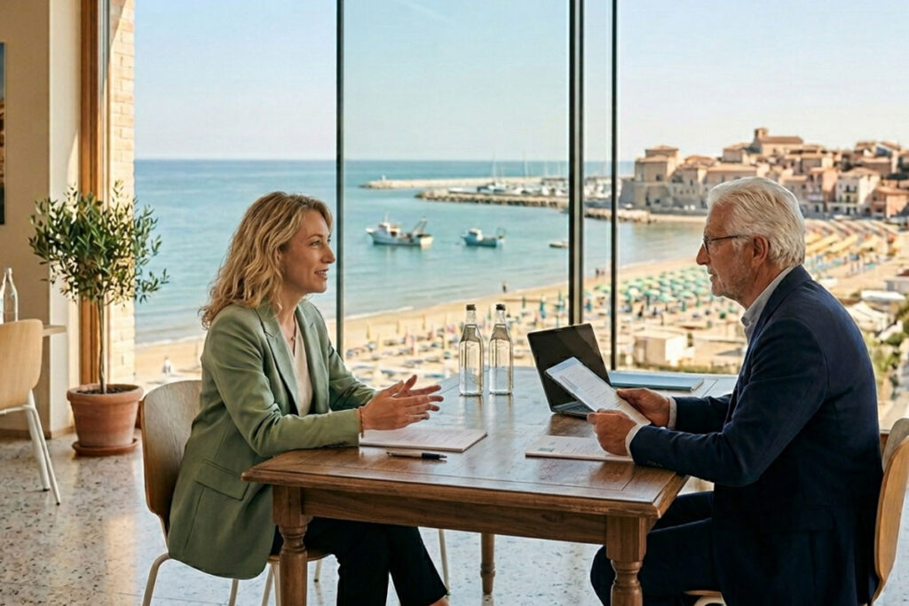 colloquio di lavoro in ufficio situato lungo la costa delle Marche. In primo piano, una giovane donna con una giacca verde chiaro parla sorridendo a un selezionatore uomo di mezza età in abito blu, seduto di fronte a lei. Sul tavolo in legno chiaro ci sono documenti stampati, una penna e un laptop.
