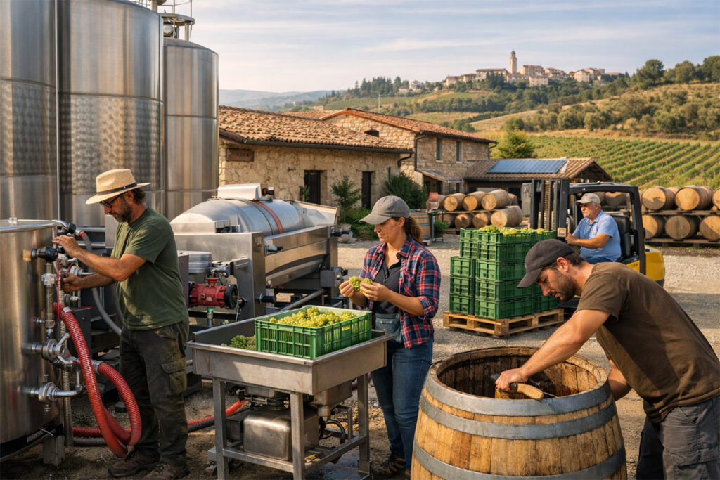 Interno di una cantina vinicola marchigiana in produzione per il bando promozione vino mercati extra UE