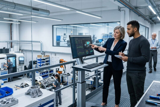 Borsista under 36 e tutor aziendale analizzano dati su uno schermo in una fabbrica moderna e tecnologica nelle Marche, focus discipline STEM.