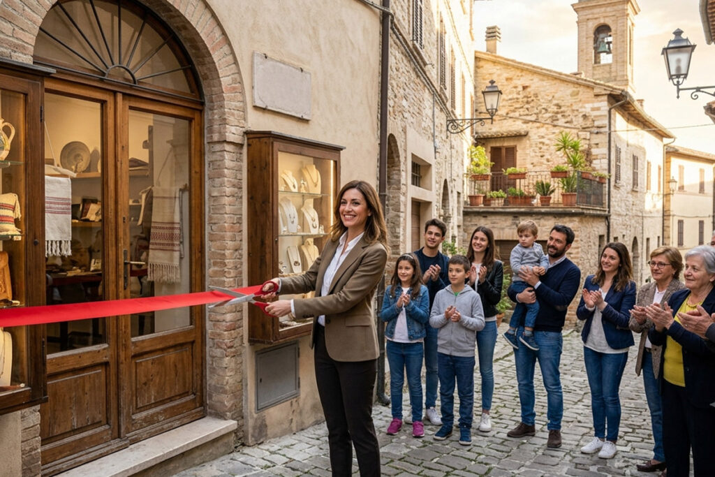 Apertura nuova bottega d'artigianato locale tra la gente in un borgo marchigiano
