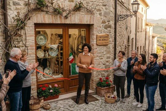 Inaugurazione con taglio del nastro di una nuova attività in un borgo storiche delle Marche