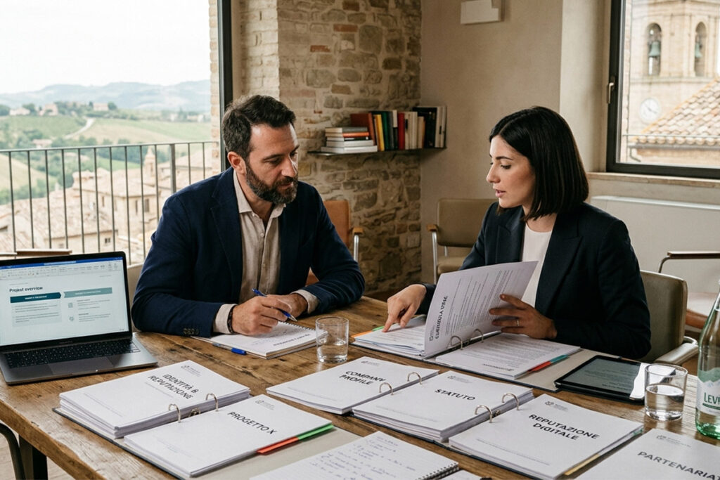 reputazione e identità Una consulente lavora sulla presentazione di un progetto, con tutti gli elementi riguardanti la presentazione (statuto, CV, partner) per aumentarne la reputazione