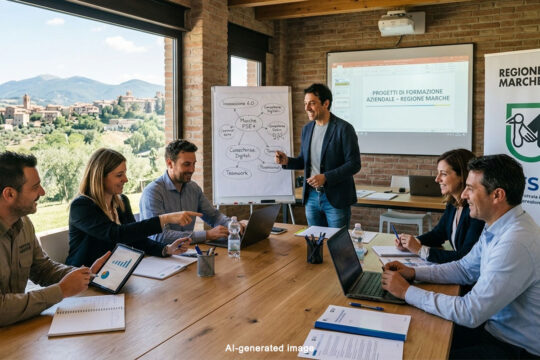 Persone che discutono riguardo ai progetti di formazione aziendale, fondo erogato dalla Regione Marche