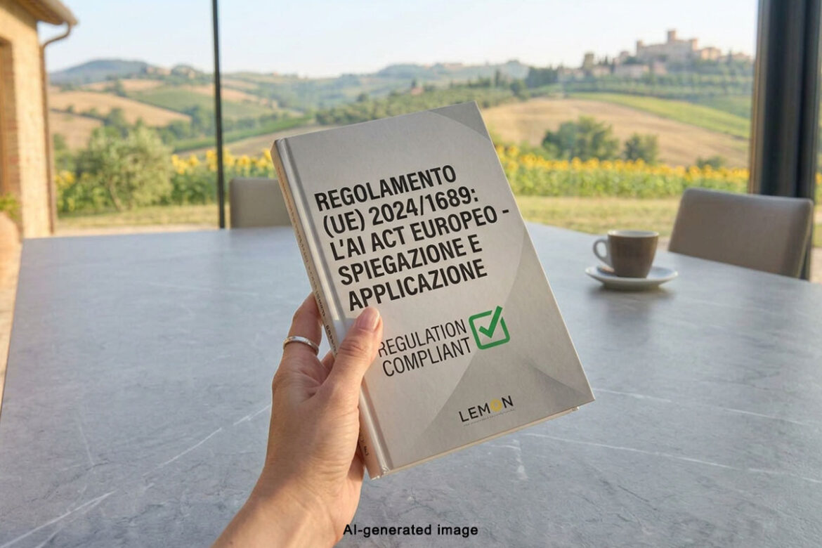 Una mano tiene in mano il regolamento emanato dall'unione europea sull'ai act europeo - Spiegazione e applicazione