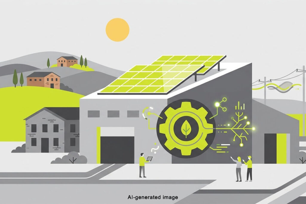 Illustrazione flat design di un'area industriale che si rinnova: capannone con pannello solare, ingranaggio verde e simboli di digitalizzazione