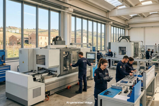 Interno luminoso di un'officina manifatturiera moderna con macchinari nuovi di fabbrica e un team di persone al lavoro