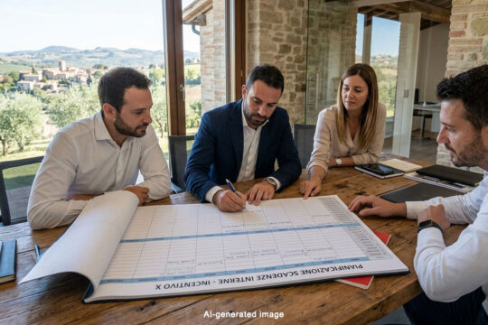 team di lavoro sulla progettazione di un progetto per la candidatura di un bando in ufficio nelle marche